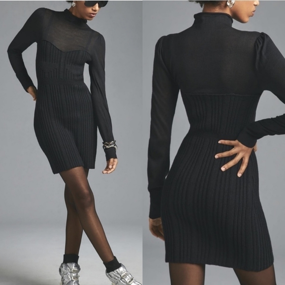 Anthropologie Turtleneck Mini Sweater Dress in Ribbed Knit Black Size Large NWT